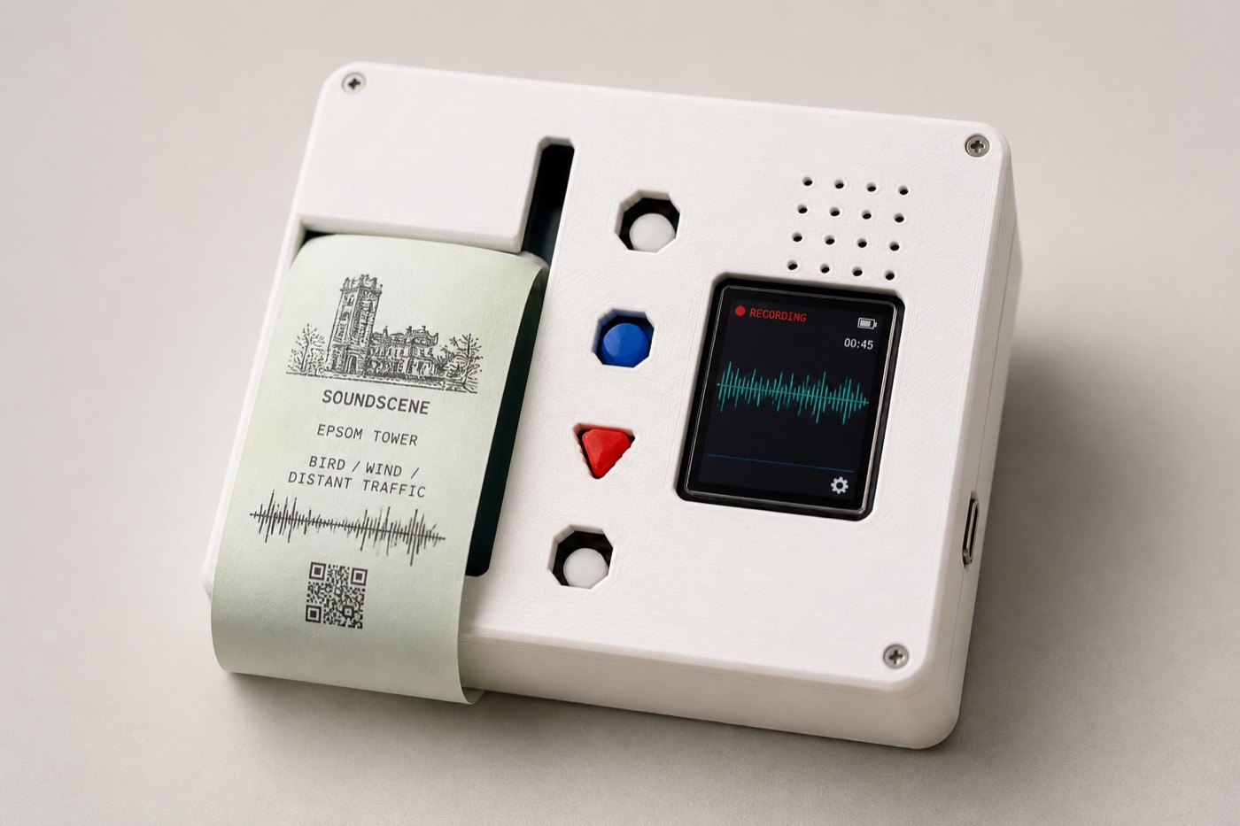 The Sound Polaroid: a white 3D-printed listening camera with a thermal print emerging from its paper slot.